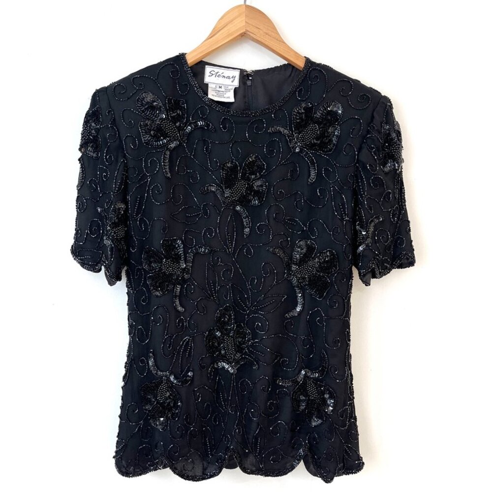 Stenay Vintage 80s Silk Black Allover Beaded Sequin Top Blouse Womens M Cocktail